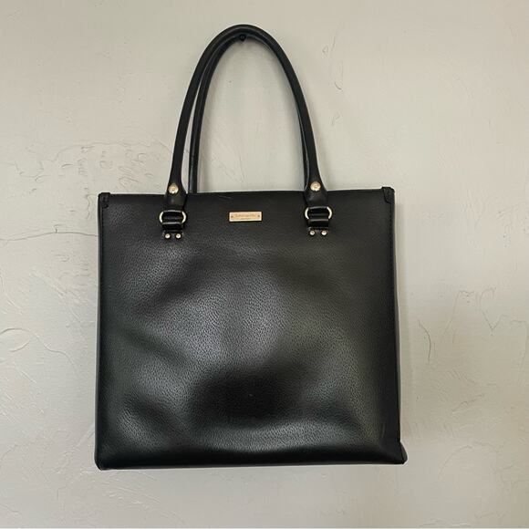 Kate Spade Black Leather Structured Work Tote Top Handles 13 3/4” x 12 1/2” - Picture 1 of 16